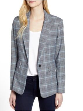 1.STATE Blue & Black Glen Plaid One-Button Blazer Women's Size 10